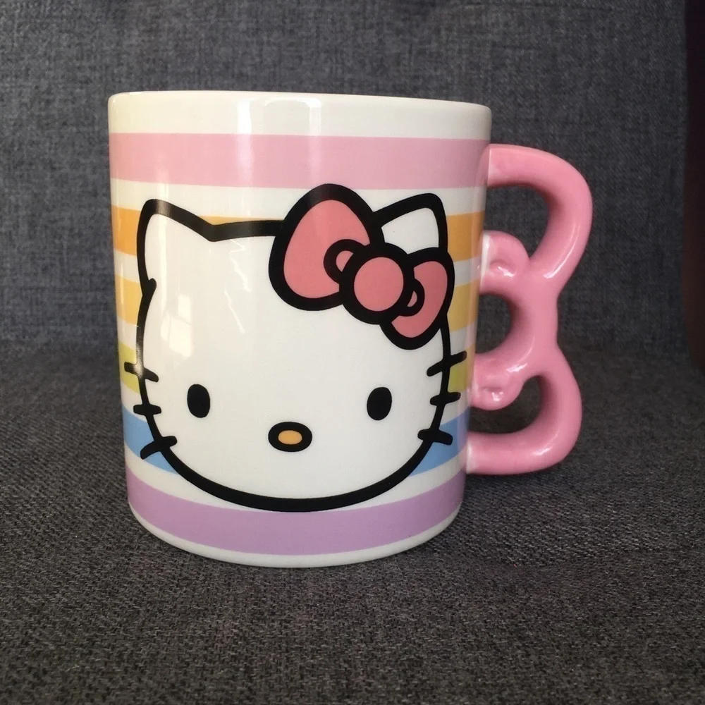 Hello Kitty Pastel Stripe, Bow Handle Coffee Mug, White, Pink, 20 oz